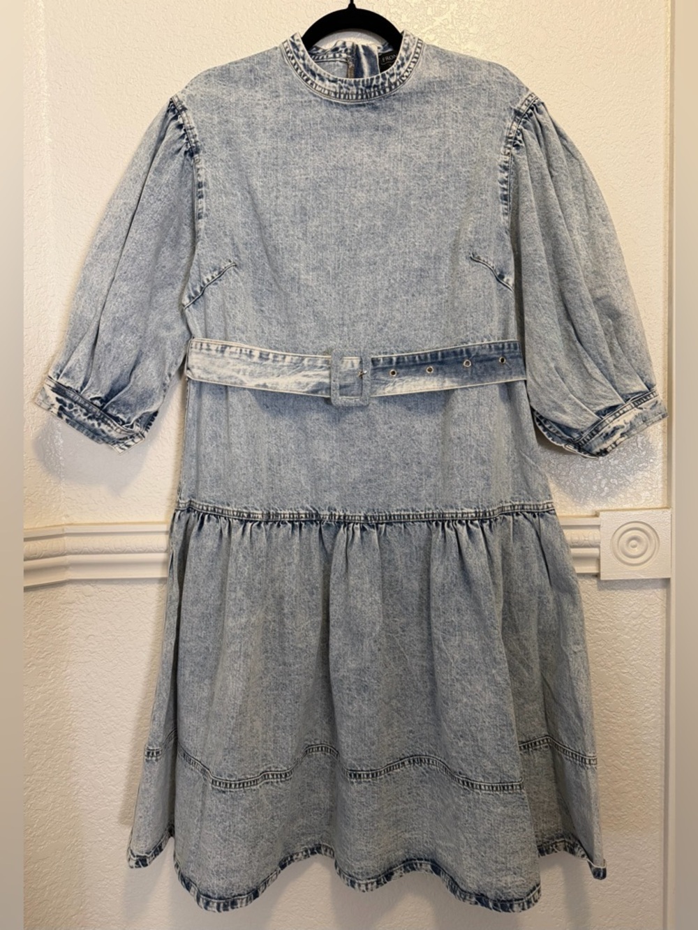Front Row by Sara & Goldy Boho Denim Belted Midi Dress – Tiered | Puff Sleeve - Picture 11 of 12
